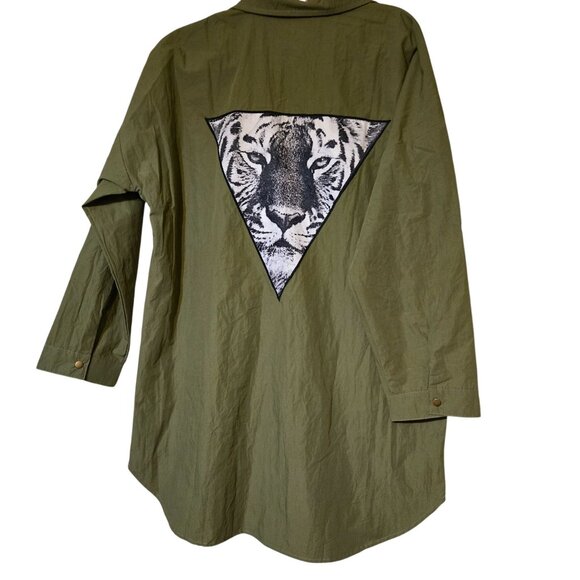 Hayden Army‎ Green Boho Relaxed Bomber Longline Jacket Patches Tiger Graphic S - Picture 4 of 7